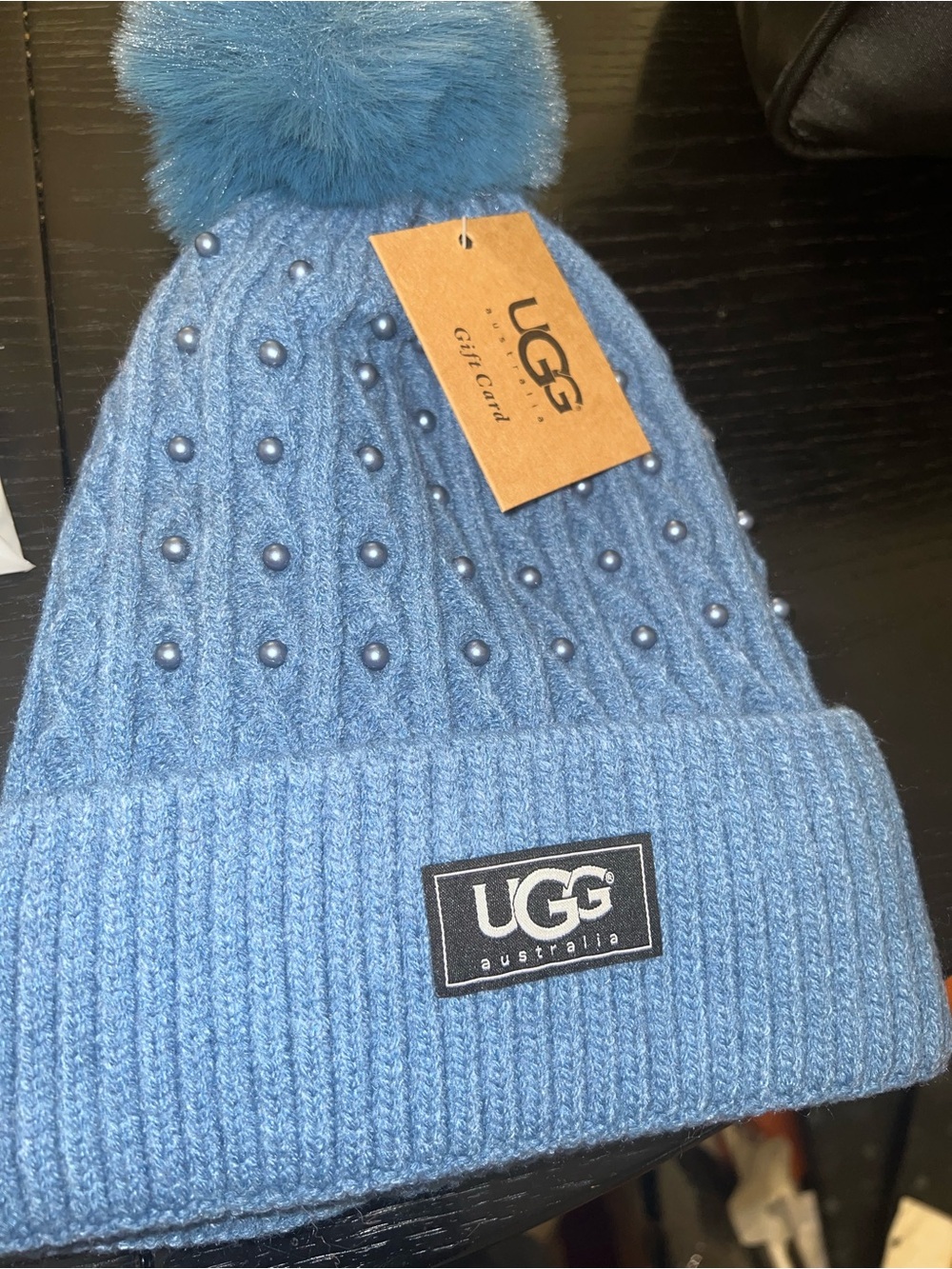 Blue Pearl Pom Beanie